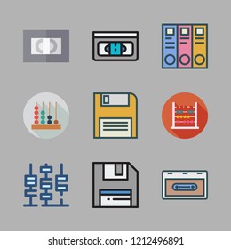 obsolete icon set. vector set about cassette, floppy disk, abacus and videotape icons set.