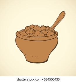 Obsolete jar and spoon with hot boiled pap squash isolated on white backdrop. Freehand outline ink hand drawn picture sketchy in art retro doodle style pen on paper. Close up view with space for text