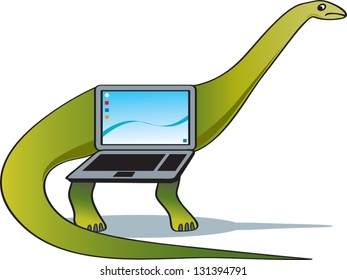 An obsolete laptop morphing into a dinosaur.