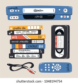 Obsolete media. Set of home entertainment objects. Videotapes and video recorder. Vector.