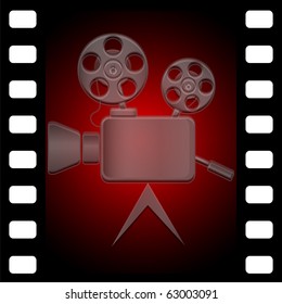 Obsolete movie camera against a color film