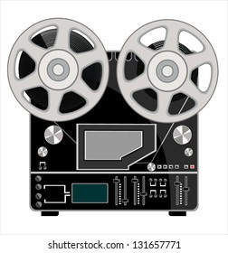 obsolete tape recorder with two bobbins on white background