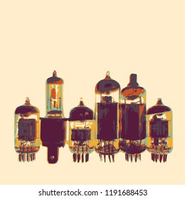 Obsolete technology poster. Vector vacuum tubes card.