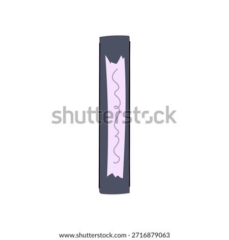 Obsolete vhs cassette with a simple purple hand drawn label and squiggly line, retro home video icon evoking analog media nostalgia, 80s90s vintage recording memory