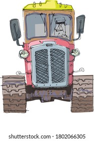 Obsolete vintage crawler tractor. Caterpillar tractor. Mechanical heritage. Hand drawn sketch.