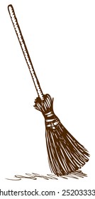 Obsolete wattled broom on long holder isolated on white background. Vector monochrome freehand ink drawn picture sketchy in style of antiquity pen on paper with space for text