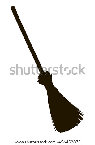Obsolete wattled broom on long holder isolated on white background. Black ink drawn picture sketchy in engraving style pen on paper