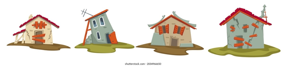 Obsolete and weathered buildings, old constructions and huts in bad condition. Countryside and rural area, shack with wooden and concrete parts, broken farmland or shed. Vector in flat style