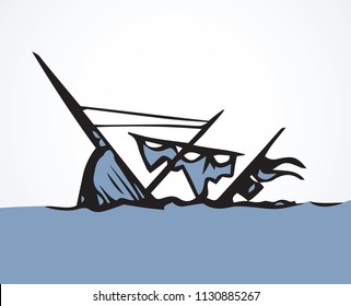 Obsolete wood rusty caravel sloop isolated on white sky backdrop. Freehand line black ink drawn deep float discovery logo sign icon sketch in art retro engrave doodle style pen on paper space for text