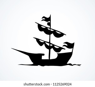 Obsolete wooden classic buccaneer sailboat isolated on white water backdrop. Dark black ink drawn logo emblem pictogram in art retro contour etching print style. Side view with space for text
