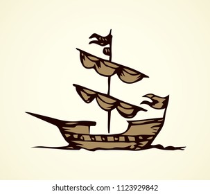Obsolete wooden classic buccaneer sailfish isolated on white sky backdrop. Freehand outline ink drawn logo emblem pictogram sketchy in art retro doodle style pen on paper. Side view and space for text