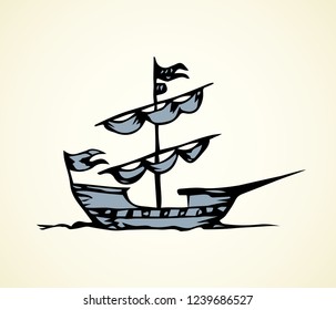 Obsolete wooden classic buccaneer sailfish isolated on white sky backdrop. Freehand outline ink drawn logo emblem pictogram sketchy in art retro doodle style pen on paper. Side view and space for text