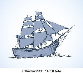 Obsolete wooden classic buccaneer sailfish isolated on white backdrop. Freehand outline ink hand drawn picture icon sketchy in art retro doodle style pen on paper. Side view with space for text on sky