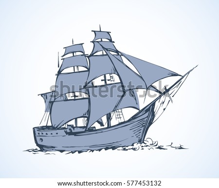 Obsolete wooden classic buccaneer sailfish isolated on white backdrop. Freehand outline ink hand drawn picture icon sketchy in art retro doodle style pen on paper. Side view with space for text on sky