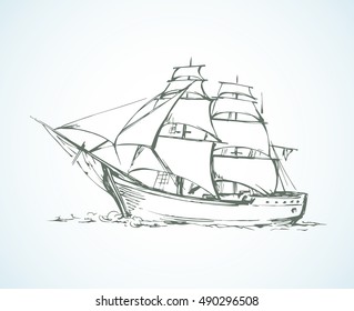 Obsolete wooden classic tall buccaneer sailfish isolated on white backdrop. Freehand outline ink drawn picture icon sketchy in art retro doodle style pen on paper. Side view with space for text on sky