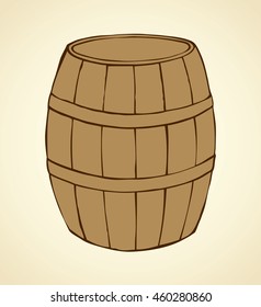 Obsolete woodwork plank keg with metal hoops isolated on white background. Monochrome freehand ink drawn background sketchy in scrawl style pen on paper