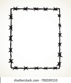 Obstacle bob razorwire isolated on white backdrop. Dark ink hand drawn picture logo sketch in art engraving retro style pen on paper. Closeup view with space for text