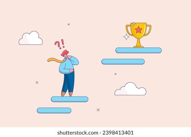 Obstacle or business problem. Challenge to overcome difficulty, think of solution to get pass obstacle to success, failure or trouble concept, businessman walk up stair to find huge difficult step.