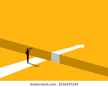 Obstacle Concept. Businessman Standing on the Edge of the Arrow Gap