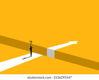 Obstacle Concept. man Standing on the Edge of the Arrow Gap