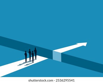 Obstacle Concept. team Businessman Standing on the Edge of the Arrow Gap