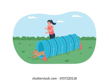 Obstacle course for training dogs 2D vector web banner, poster. Happy woman runs with pet flat characters on cartoon background. Competition for doggies printable patch, colorful web element