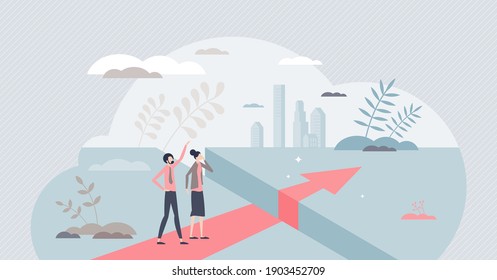 Obstacle gap problem and barrier to successfully overcome tiny person concept. Business challenge and limits risk as abyss ahead vector illustration. Courage and ambitions motivation to find solution.