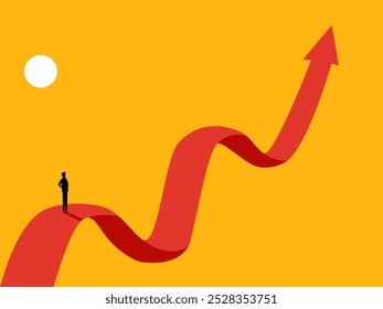 Obstacle, goal of success. Businessman on the arrow of growth and volatility