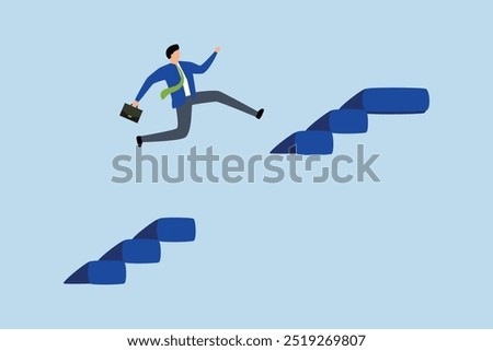 obstacle to grow career path, Determined entrepreneur leaps over broken stair gap to achieve goal.