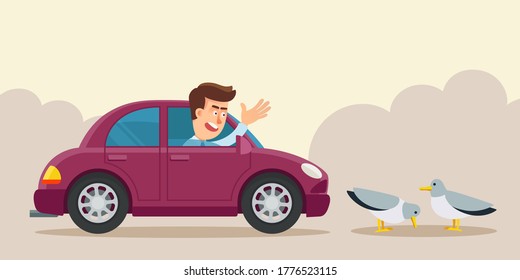 Obstacle on the road. The driver in the car is trying to drive the birds out of the way. Birds on the road interfere with the passage of the car. Vector illustration, flat design, cartoon style.