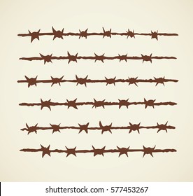Obstacle razorwire rows isolated on white backdrop. Dark ink hand drawn picture logo sketch in engraving retro style pen on paper. Closeup view with space for text
