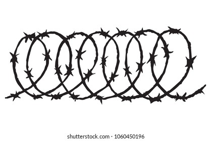 Obstacle spiral shape bob razorwire row set isolated on white backdrop. Dark ink hand drawn picture logo sketch in art engraving retro style pen on paper. Closeup view with space for text