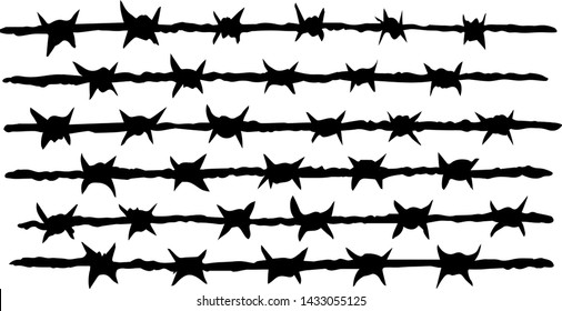 Obstacle spiral shape bob razorwire row set isolated on white backdrop. Dark ink hand drawn zone picture logo emblem in art engraving retro contour style pen on paper. Closeup view with space for text