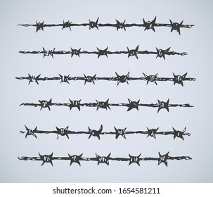 Obstacle spiral shape bob razorwire row set isolated on white backdrop. Freehand outline ink hand drawn picture sign sketch in art scribble retro style pen on paper. Closeup view with space for text
