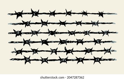 Obstacle spiral shape bob razorwire row set isolated on white backdrop. Freehand outline ink hand drawn picture sign sketch in art scribble retro style pen on paper. Closeup view with space for text