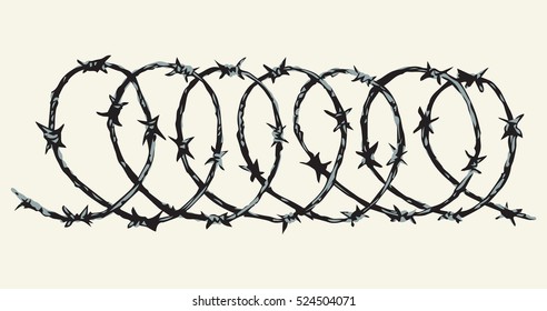 Obstacle spiral shape bob razorwire row set isolated on white backdrop. Freehand outline ink hand drawn picture sign sketch in art scribble retro style pen on paper. Closeup view with space for text