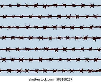 Obstacle spiral shape bob razorwire row set isolated on blue sky backdrop. Dark ink hand drawn picture logo sketch in art engraving retro style pen on paper. Closeup view with space for text