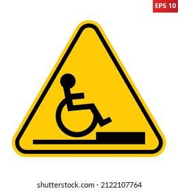 Obstáculo para la señal de advertencia de silla de ruedas. Ilustración vectorial del signo triangular amarillo con silla de ruedas delante del umbral. Riesgo de accidente. Símbolo de precaución.