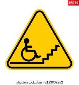 Hindernis für Rollstuhlwarnzeichen Vektorgrafik des gelben Dreieckszeichens mit Rollstuhl vor der Treppe. Vorsichtssymbol. Unfallrisiko. Stress für Behinderte.