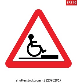 Obstáculo para la señal de advertencia de silla de ruedas. Ilustración vectorial del signo del triángulo rojo con silla de ruedas delante del umbral. Riesgo de accidente. Símbolo de precaución. Barrera.