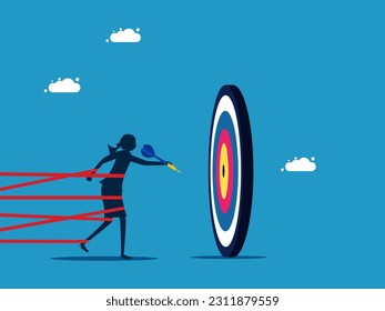 obstacles to achieving the goal. woman tied with tape and aiming at target
