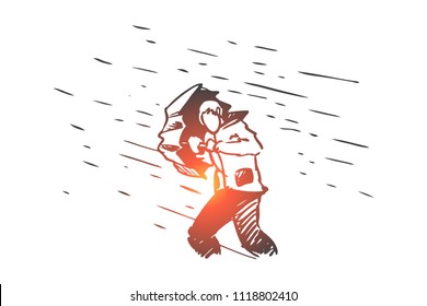 Obstacles, difficulties, problems concept. Hand drawn man with umbrella and rain as symbol of difficulties concept sketch. Isolated vector illustration.