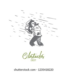 Obstacles, difficulties, problems concept. Hand drawn man with umbrella and rain as symbol of difficulties concept sketch. Isolated vector illustration.