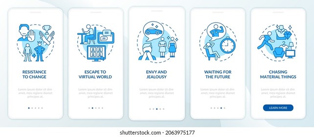 Obstacles to happiness mindset blue onboarding mobile app page screen. Success walkthrough 5 steps graphic instructions with concepts. UI, UX, GUI vector template with linear color illustrations