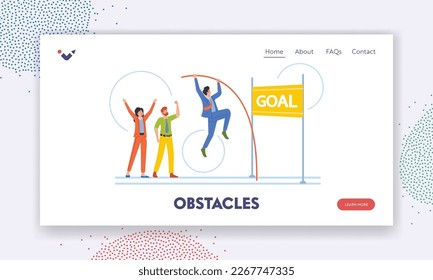 Obstacles Landing Page Template. Business Man with Pole Jumping over Barrier Reaching the Goal in Career or Finance. Businessman Character Overcome Challenge. Cartoon People Vector Illustration