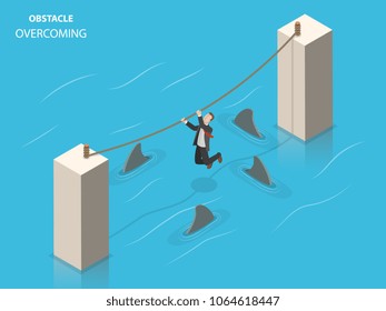 Obstacles overcoming flat isometric vector concept. A businessman is trying to get to the other pillar using a rope with sharks floating beneath him.