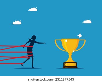 obstacles to success. Businesswoman tied up with tape and heading towards the trophy
