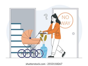 Obstacles for woman with child. Mother with baby stroller near chair. No way for mom with baby. Poor infrastructure in building. Linear vector illustration isolated on white background