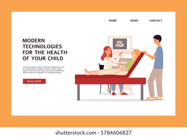 Obstetric center or maternity hospital website banner template with cartoon characters of pregnant woman and her husband at doctors appointment, flat vector illustration.