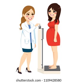 Obstetrician checking weight happy beautiful pregnant woman taking measures on scale